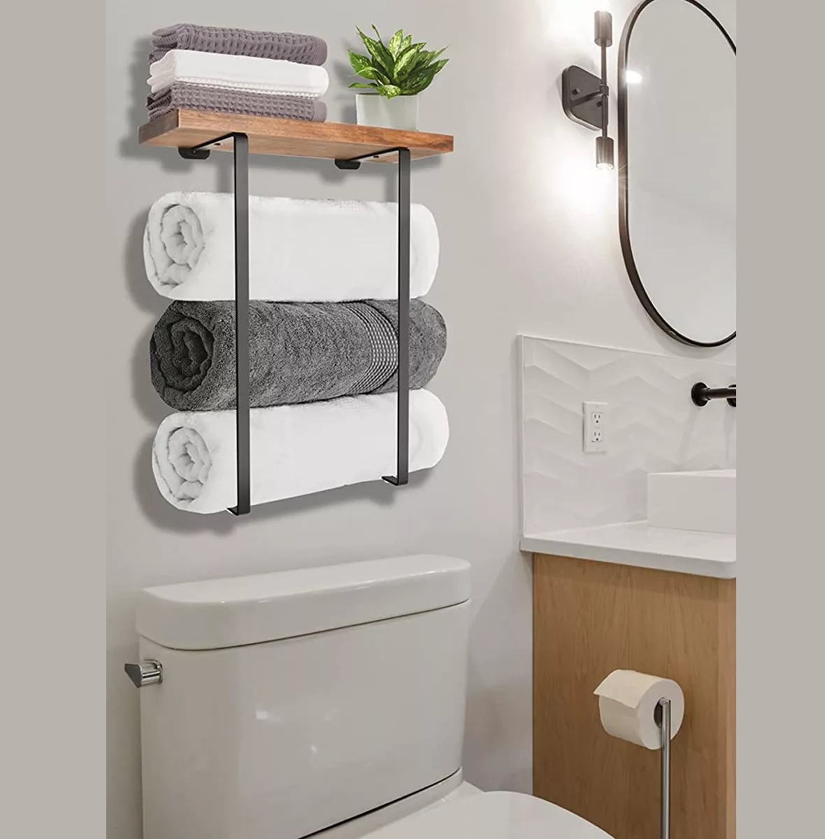 Toallero y repisa para baño, combinación madera y metal